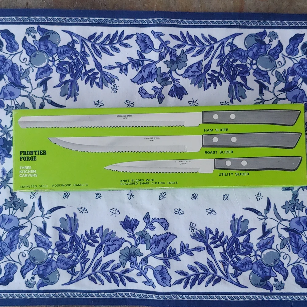 Vtg Japan Made Carving Knife Set, Rose Wood Handle
